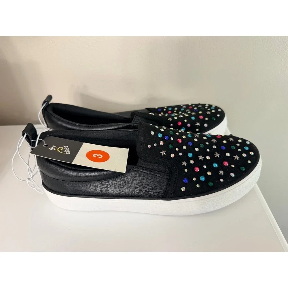 Art Class Slip On Sneakers Girls 3 Black Rhinestone Star Embellished NWT